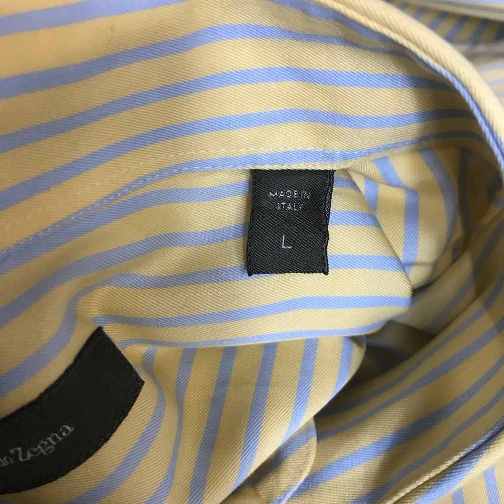 Ermenegildo Zegna Shirt Mens L Yellow Blue Striped Button Down Cotton Italy Made - Picture 3 of 9
